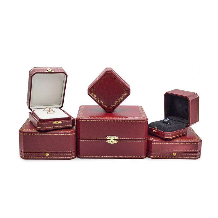 High-grade octagonal PU leatherette paper jewelry box, customized red ring box
